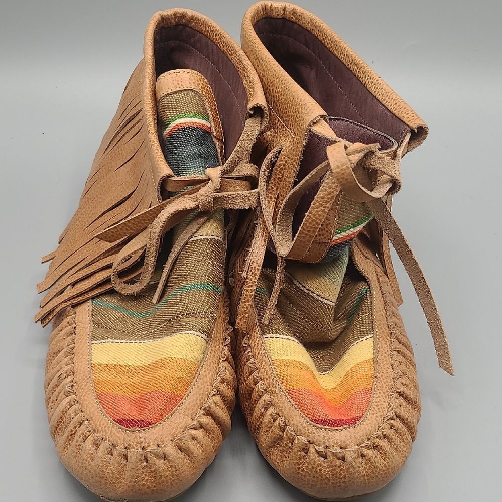 L&B Serape Leather Fringe Moccasins Rainbow Driving Shoes Women SIZE 10
